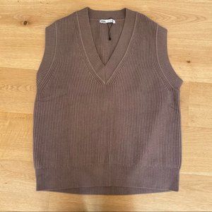 Zara V Neck Sleeveless Rib Knit Tank Vest Taupe S